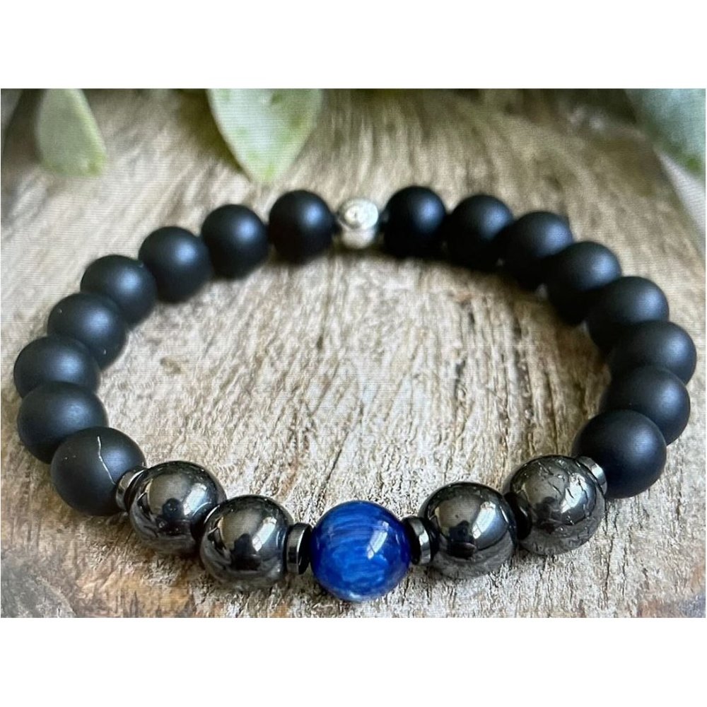 10mm Matte Onyx Magnetic Hematite with Blue Tiger Eyes Accent Stretch Bracelet